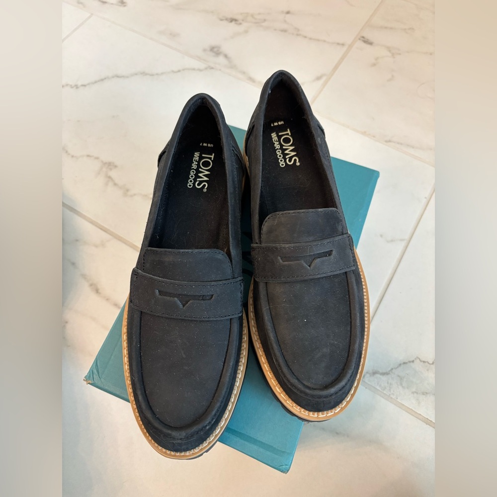 TOMS women’s Black Suede Penny Loafers Cara
